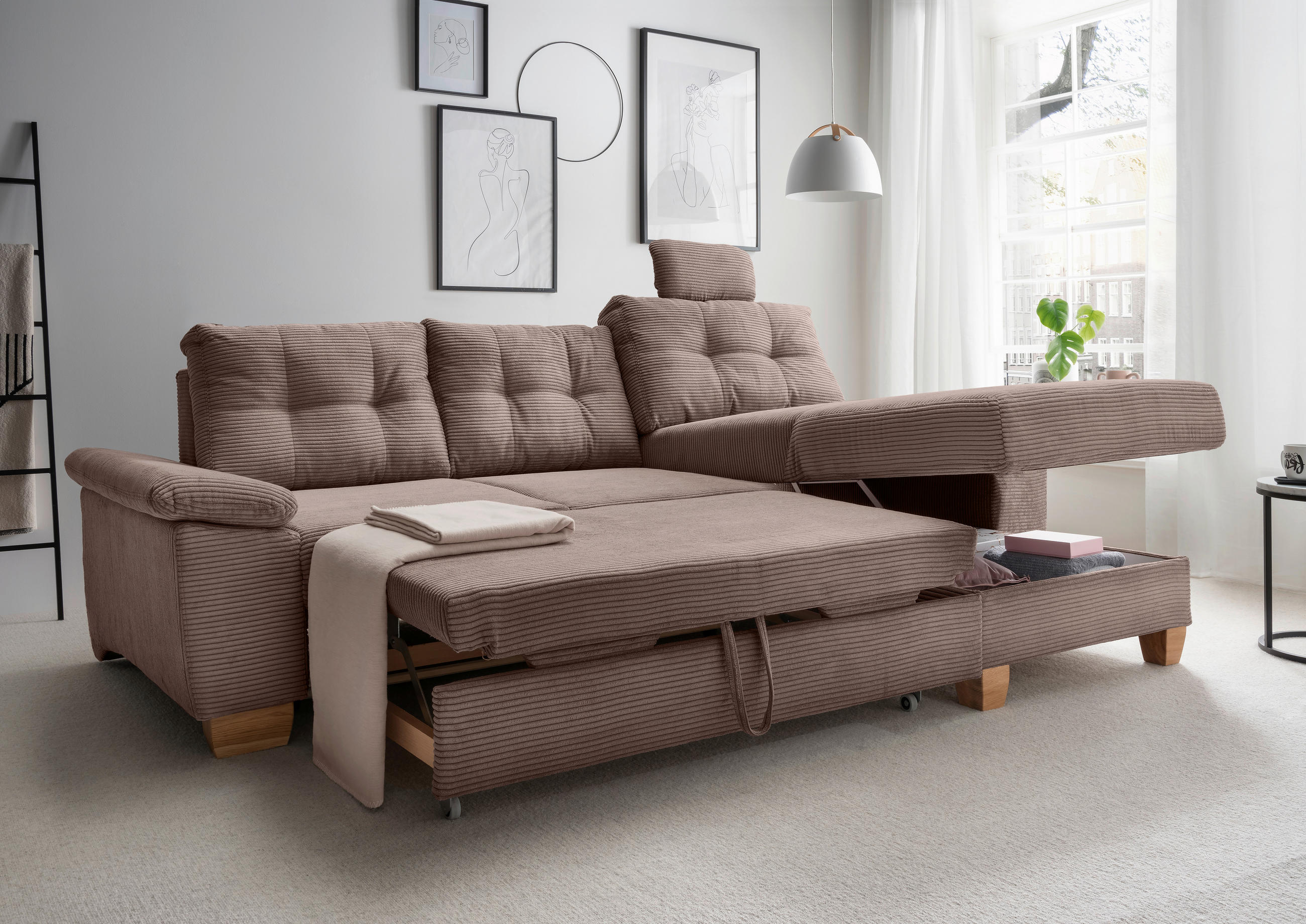 ECKSOFA in Cord Graubraun  - Graubraun/Naturfarben, Modern, Holz/Textil (270/176cm) - Livetastic