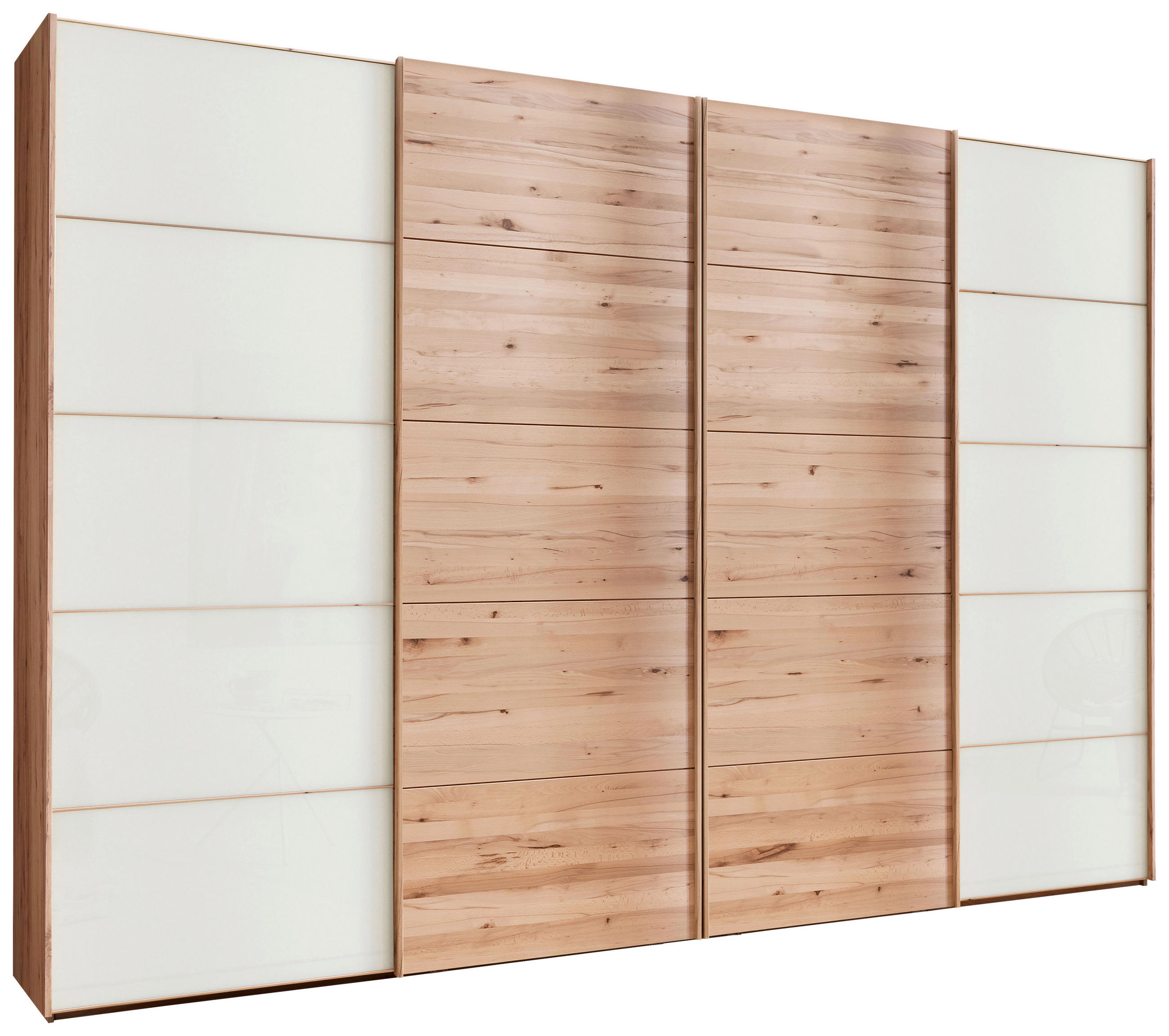 SCHWEBETÜRENSCHRANK 330/217/67 cm 4-türig Weiß, Buchefarben  - Buchefarben/Weiß, Natur, Glas/Holz (330/217/67cm) - Linea Natura