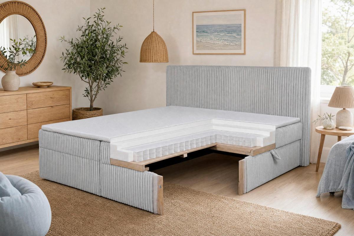 BOXBETT 180/200 cm,  in Grau, gepolstertes Kopfteil, Bettkasten, Topper, Matratzen, H3 + H3 = fest  - Schwarz/Grau, Basics, Kunststoff/Textil (180/200cm) - Chameo