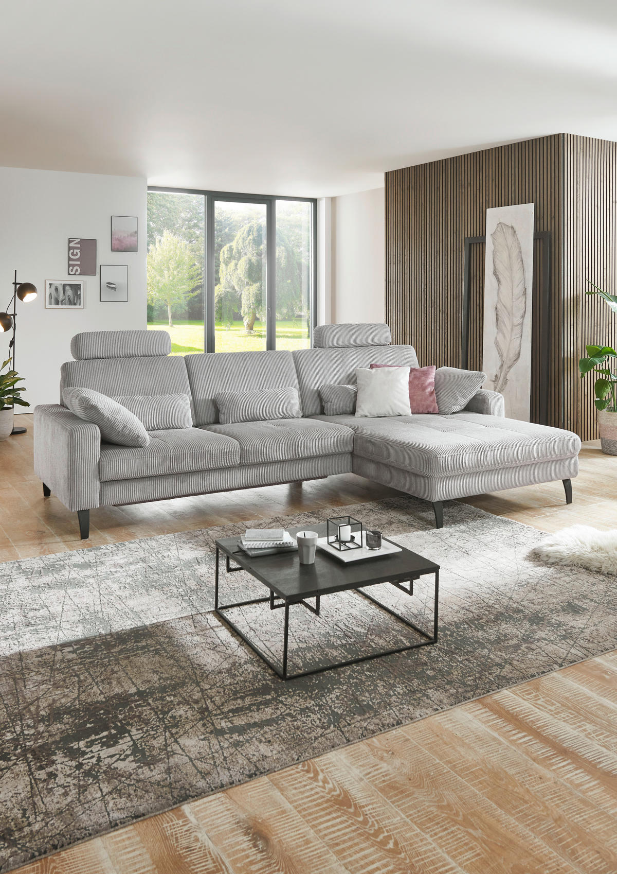 ECKSOFA in Cord Hellgrau  - Hellgrau/Schwarz, Modern, Textil/Metall (302/177cm) - Beldomo Style