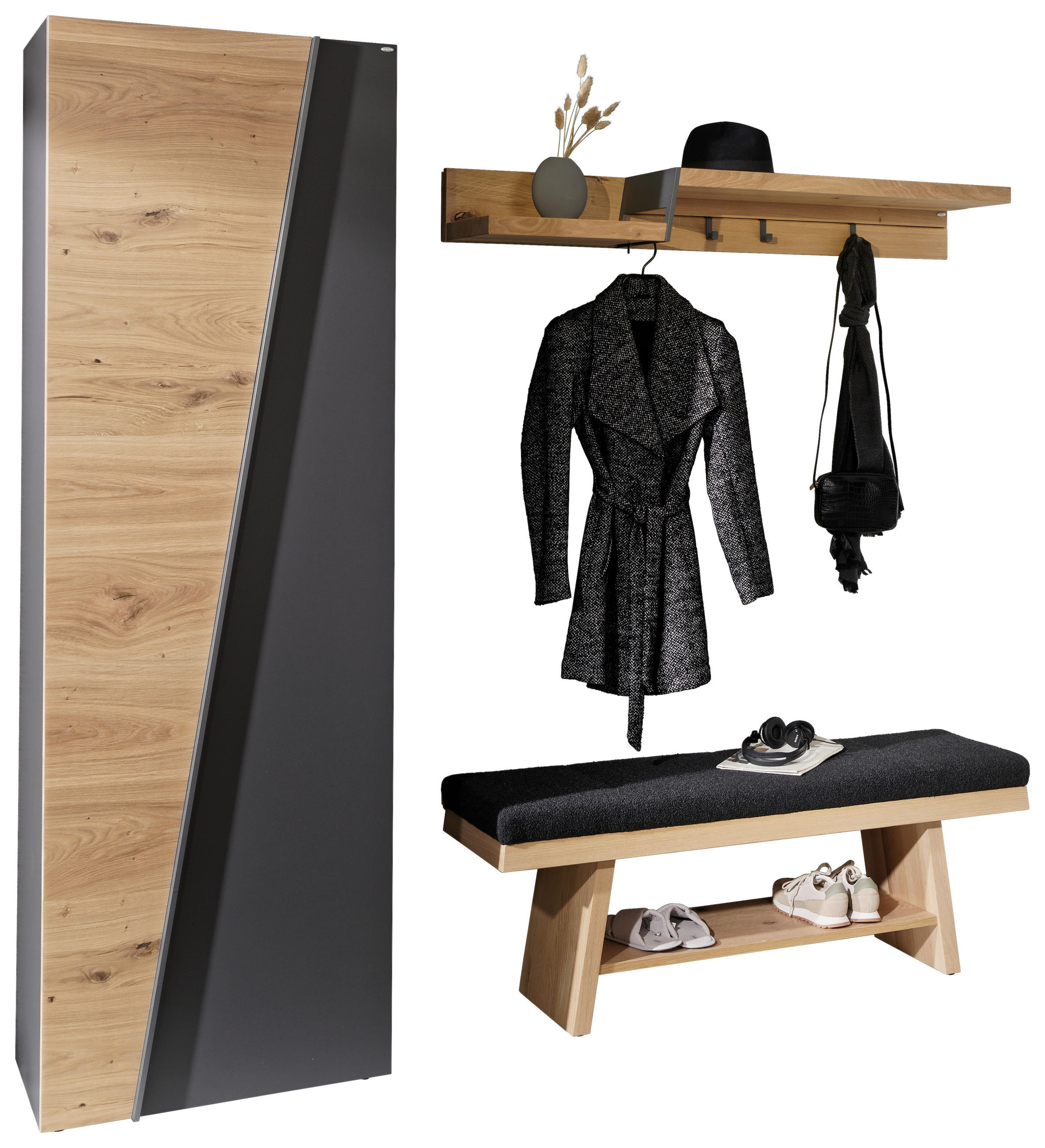 GARDEROBE 3-teilig  in 208/202/44,3 cm  - Wildeiche/Graphitfarben, Natur, Holz/Holzwerkstoff (208/202/44,3cm) - Voglauer