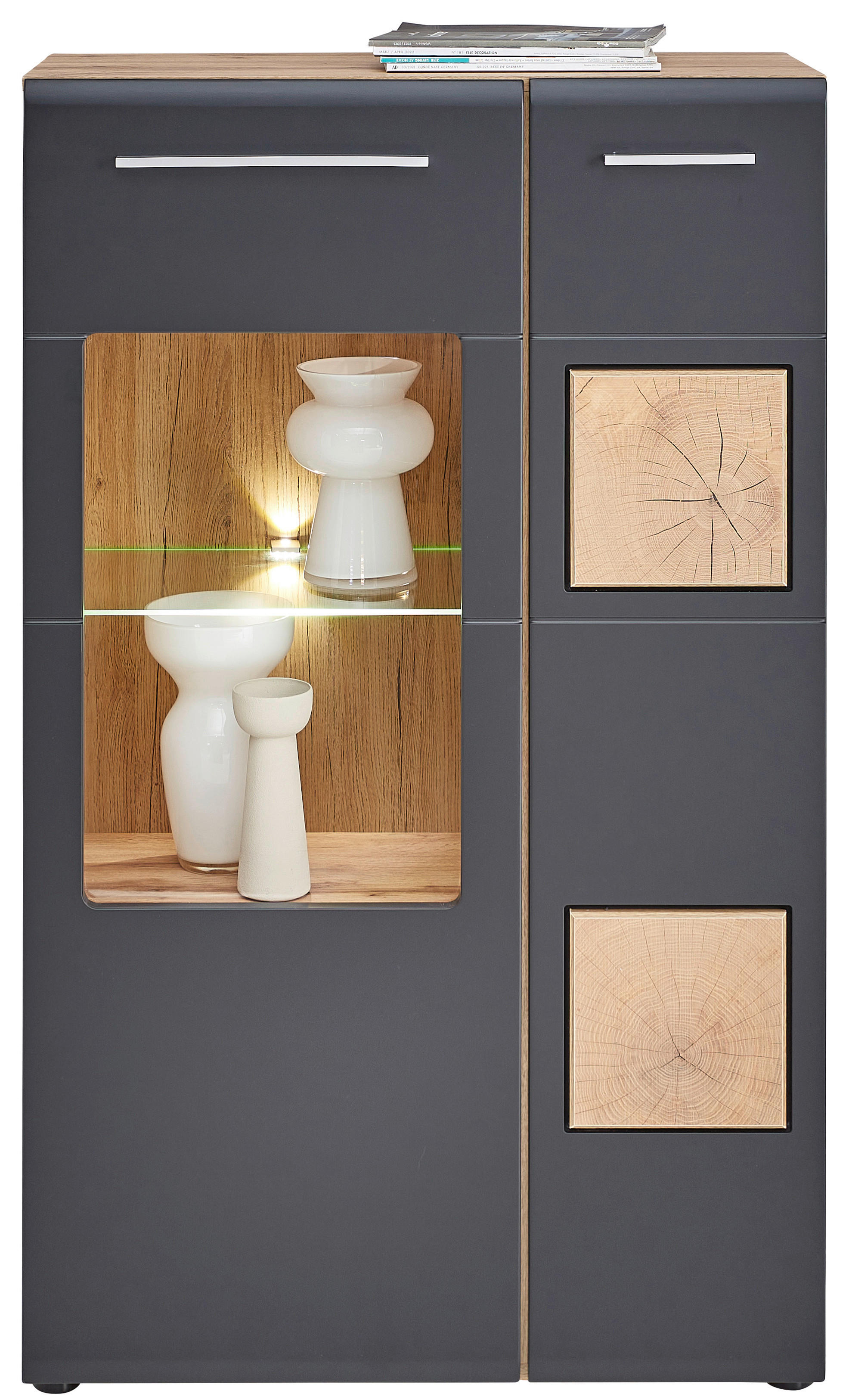 VITRINE  in Schwarz, Eichefarben - Eichefarben/Silberfarben, Design, Glas/Holzwerkstoff (80/132/37cm) - Hom`in
