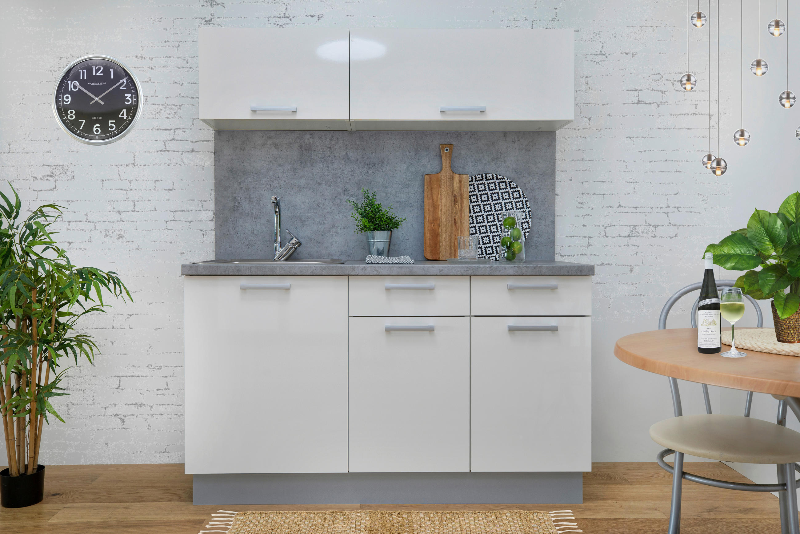 MINIKÜCHE 150 cm   in Weiß, Weiß Hochglanz  - Weiß Hochglanz/Alufarben, Basics, Holzwerkstoff/Kunststoff (150cm)