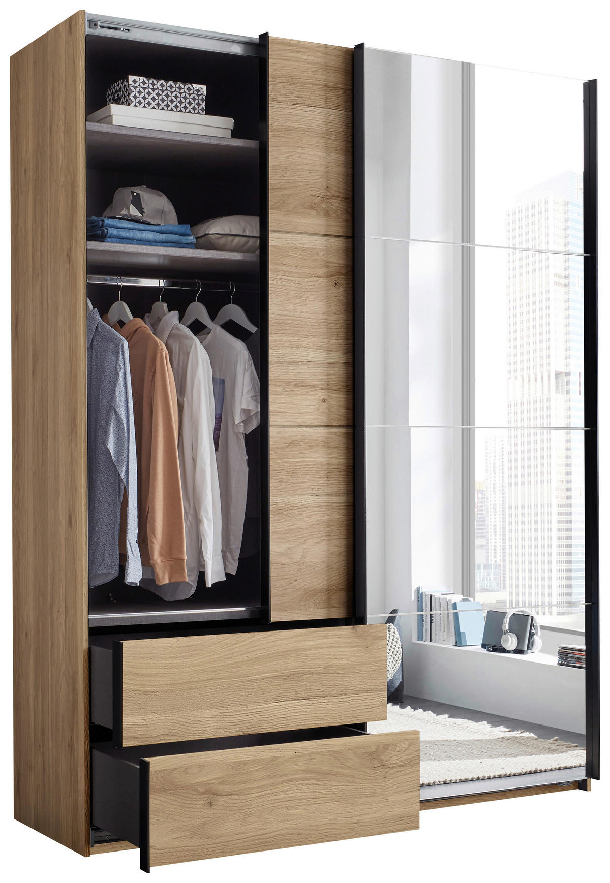 SCHWEBETÜRENSCHRANK  in Eichefarben  - Eichefarben/Schwarz, MODERN, Glas/Holzwerkstoff (170/225,5/60,5cm) - Xora