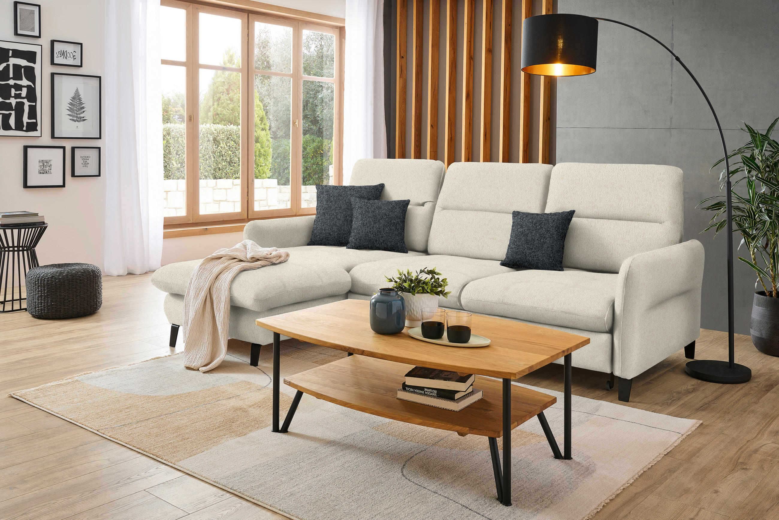 ECKSOFA Creme Chenille  - Creme/Schwarz, KONVENTIONELL, Textil/Metall (190/254cm) - Livetastic