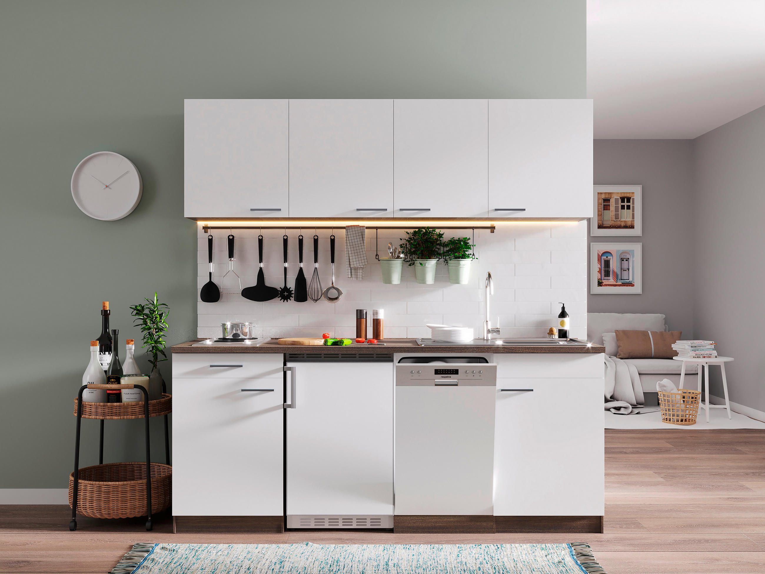 Küchenzeile Economy mit Geräten 195 cm Weiß/Eiche Dekor Modern