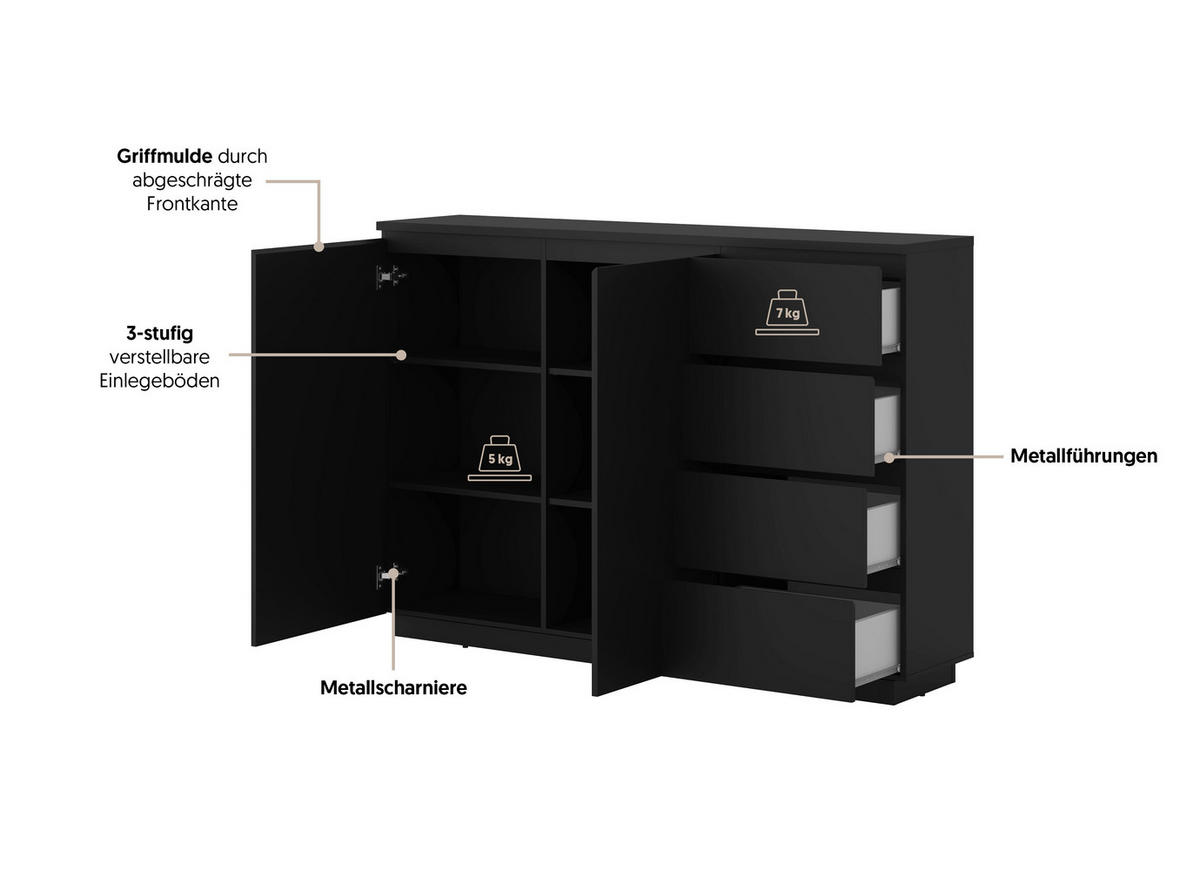 HIGHBOARD Bilbao 150/104,5/34,5 cm 4 Schublade(n)  - Schwarz, Design, Holzwerkstoff (150/104,5/34,5cm) - MID.YOU