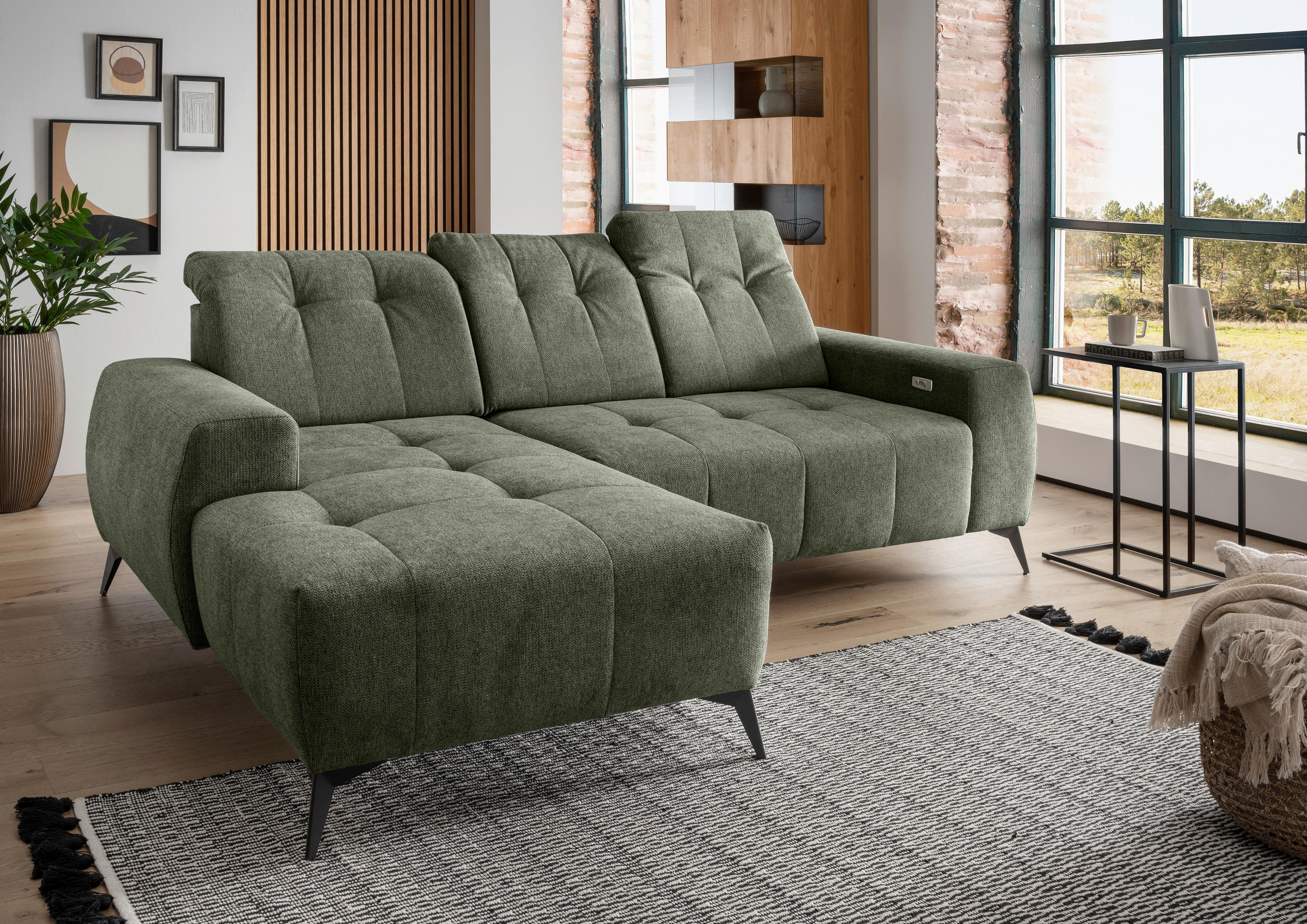 ECKSOFA  in Chenille Grün  180/258 cm  - Schwarz/Grün, MODERN, Textil/Metall (180/258cm) - Livetastic