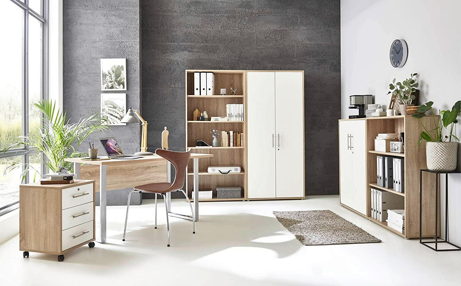 BÜRO erweiterbar, abschließbar Weiß, Sonoma Eiche - Weiß/Sonoma Eiche, MODERN, Holzwerkstoff/Metall - MID.YOU