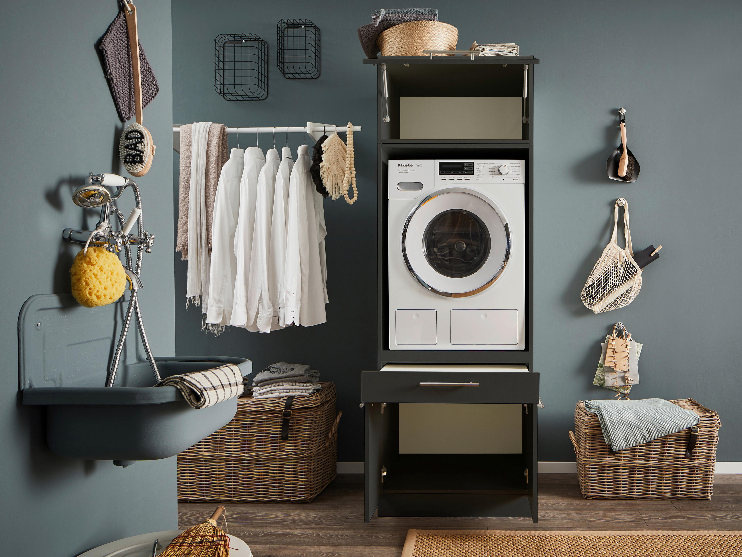 WASCHMASCHINENSCHRANK 67,5/200/67,5 cm  in Anthrazit  - Anthrazit/Silberfarben, Design, Holzwerkstoff/Metall (67,5/200/67,5cm)