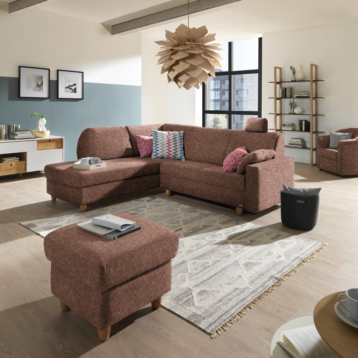 ECKSOFA  in Mikrovelours Terracotta  208/227 cm  - Eichefarben/Rot, KONVENTIONELL, Holz/Textil (208/227cm) - Sedda