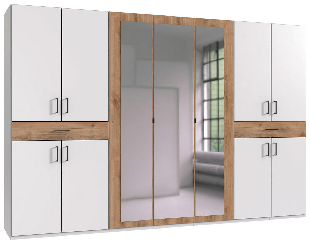 DREHTÜRENSCHRANK in Weiss, Plankeneiche  - Weiss/Plankeneiche, Konventionell, Glas/Holzwerkstoff (313/208/58cm) - Carryhome