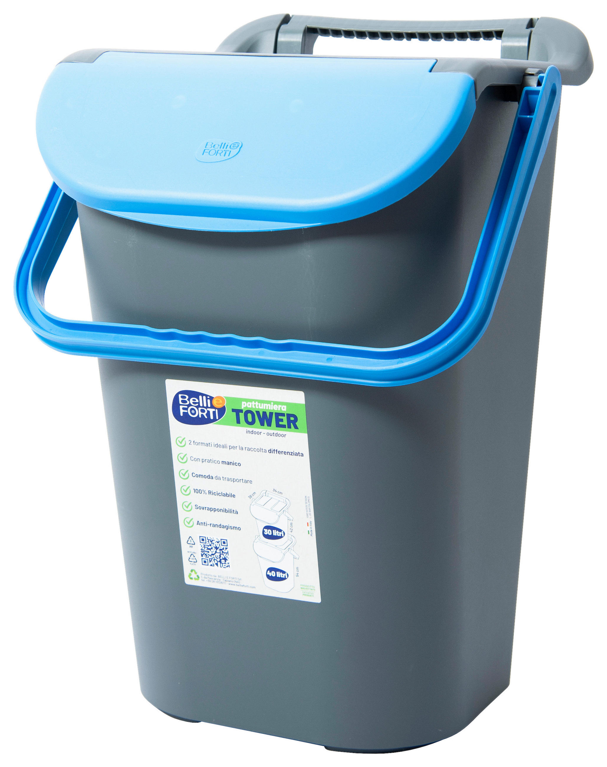 Mülleimer Tower mit Deckel 40l Kunststoff Blau/Grau