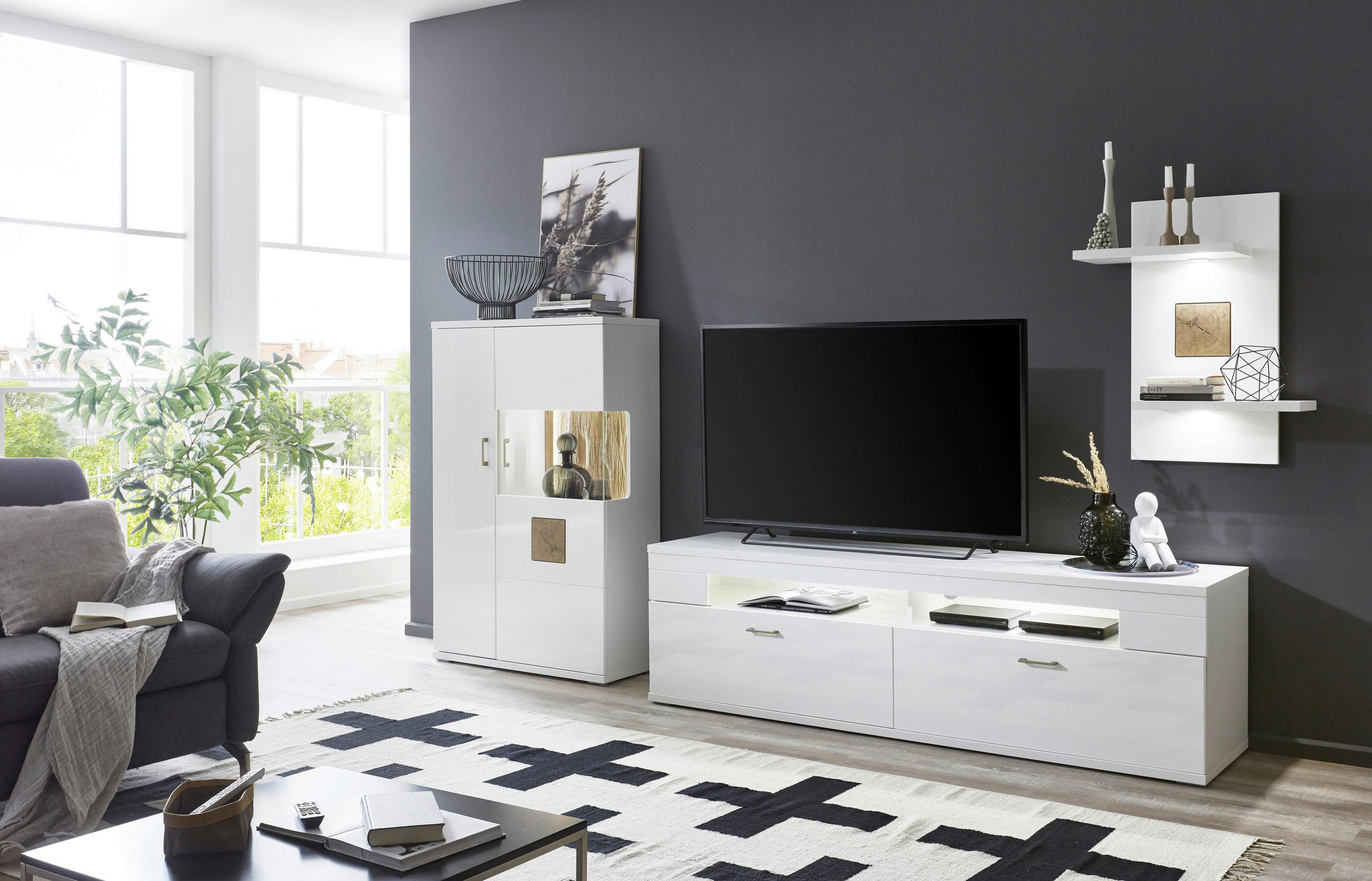 HIGHBOARD Weiß, Eichefarben, Weiß Hochglanz  90/141,4/37,4 cm  - Eichefarben/Weiß Hochglanz, Design, Glas/Holzwerkstoff (90/141,4/37,4cm) - Xora