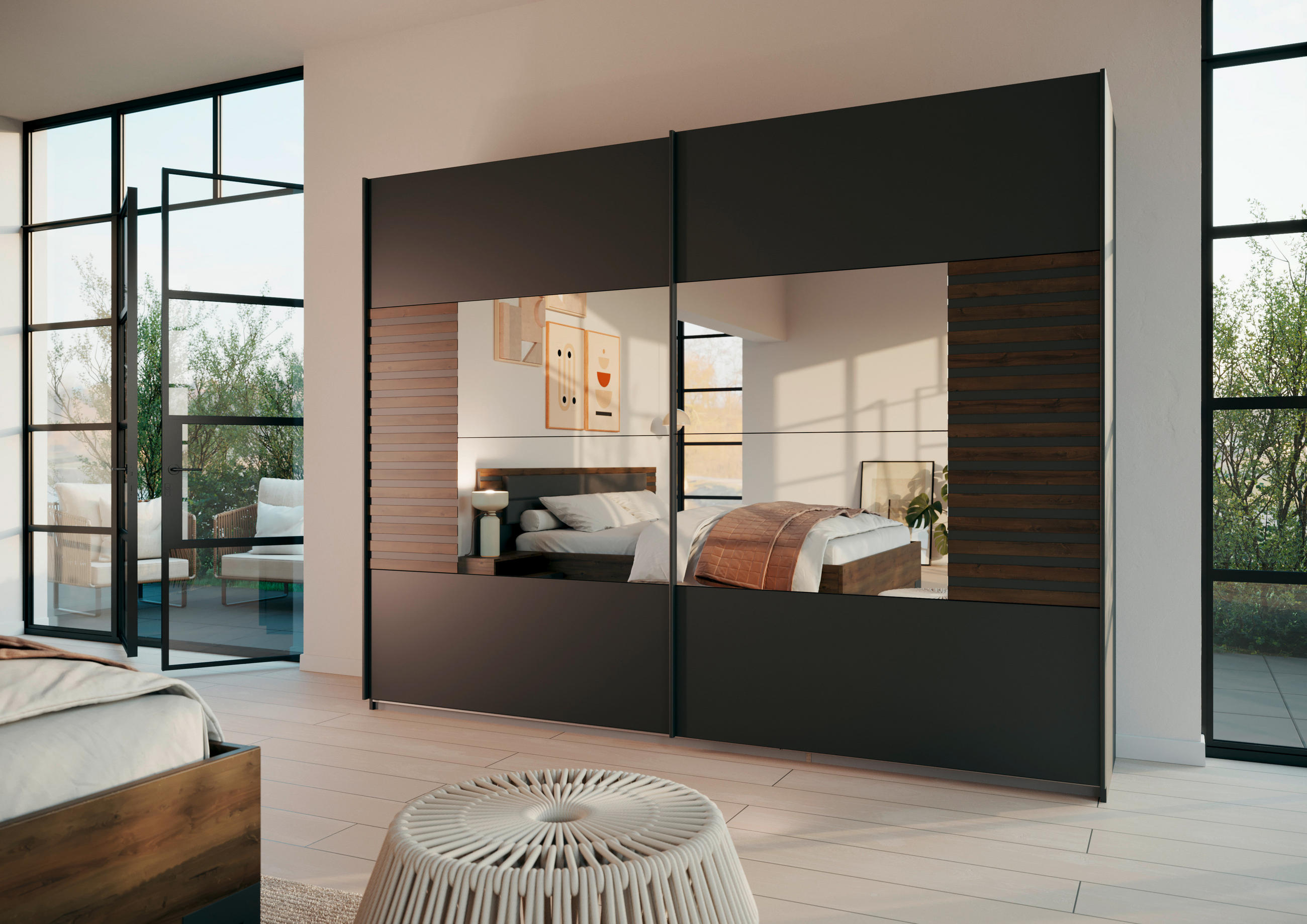 Thumbnail - Rauch Möbel Schwebetürenschrank, Dunkelgrau, Eiche dunkel, Metall, 3 Fächer, 271x210x62 cm, Blauer Engel, BQ - Bündnis f...