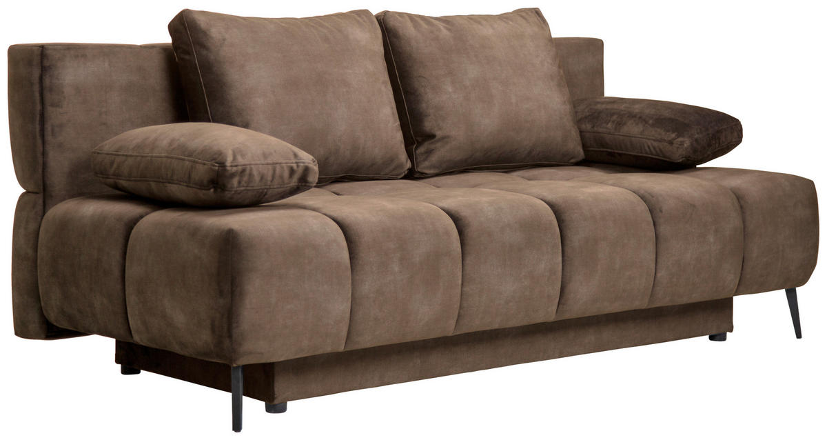 SCHLAFSOFA BOBBIO PLUS Velours Braun  inkl. Rückenkissen, Armlehnenkissen, Stauraum  - Schwarz/Braun, Design, Textil/Metall (204/90/95cm) - MID.YOU