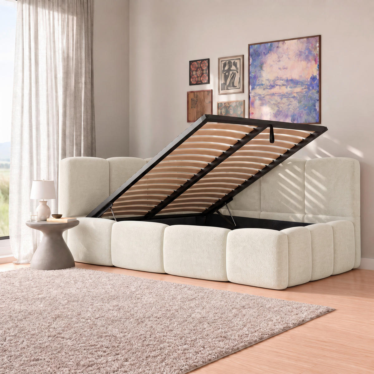 POLSTERBETT 140/200 cm,  in Beige, Lattenrost, Bettkasten,  - Beige/Schwarz, Design, Holz/Textil (140/200cm) - Chameo