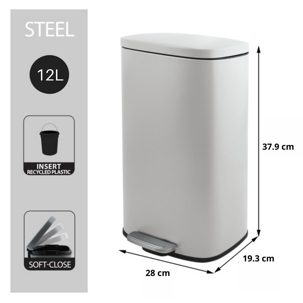 TRETEIMER 12 l  Metall  - Schwarz/Weiß, Basics, Kunststoff/Metall (28/19,3/37,9cm) - Spirella