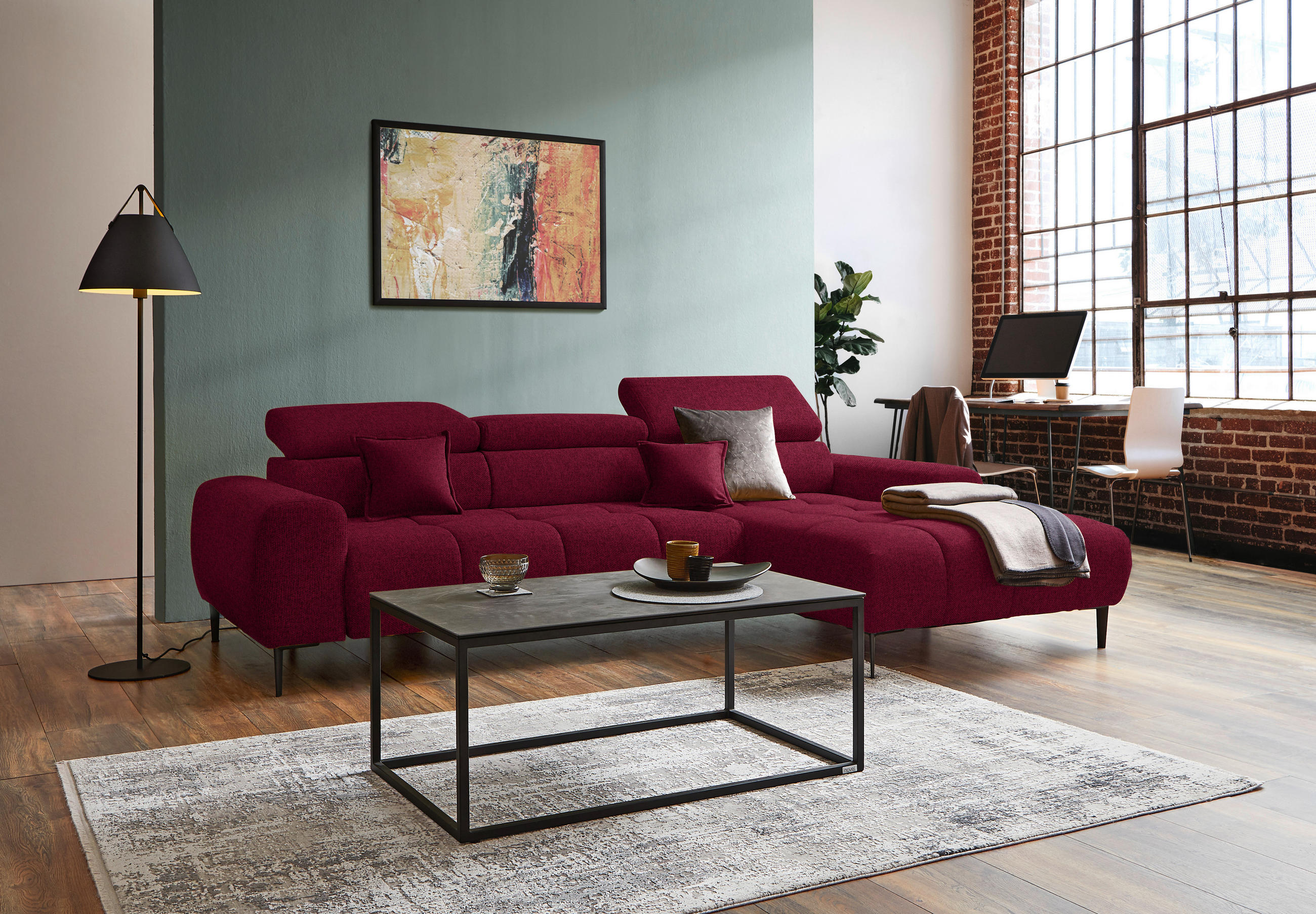 ECKSOFA in Webstoff Rot  - Rot/Schwarz, Design, Textil/Metall (270/177cm) - Welnova