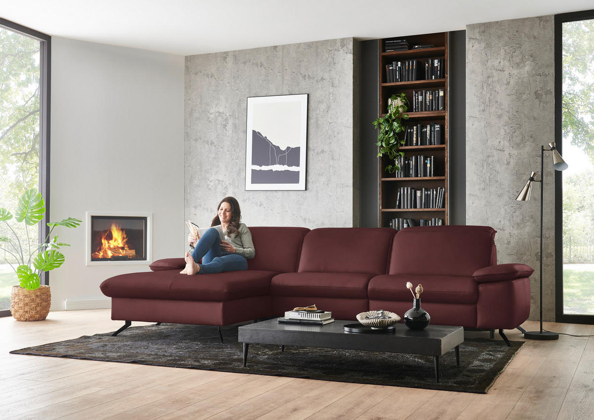 ECKSOFA  Echtleder Beere  - Beere/Schwarz, Design, Leder/Metall (169/307cm) - Beldomo Premium