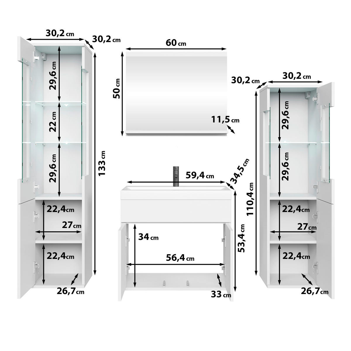 BADEZIMMER 5-teilig  in 120,4 cm  - Schwarz/Weiß, Trend, Glas/Keramik (120,4cm) - P & B
