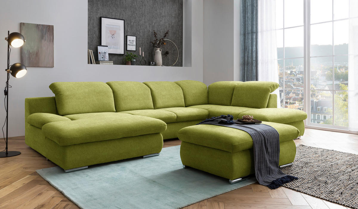WOHNLANDSCHAFT in Chenille Grün  - Chromfarben/Grün, Design, Textil/Metall (165/353/212cm) - Livetastic