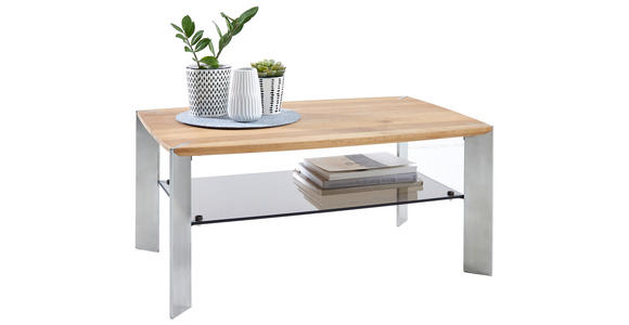 COUCHTISCH in Holz, Metall, Glas 90/60/40 cm - Edelstahlfarben/Eichefarben, KONVENTIONELL, Glas/Holz (90/60/40cm) - Novel