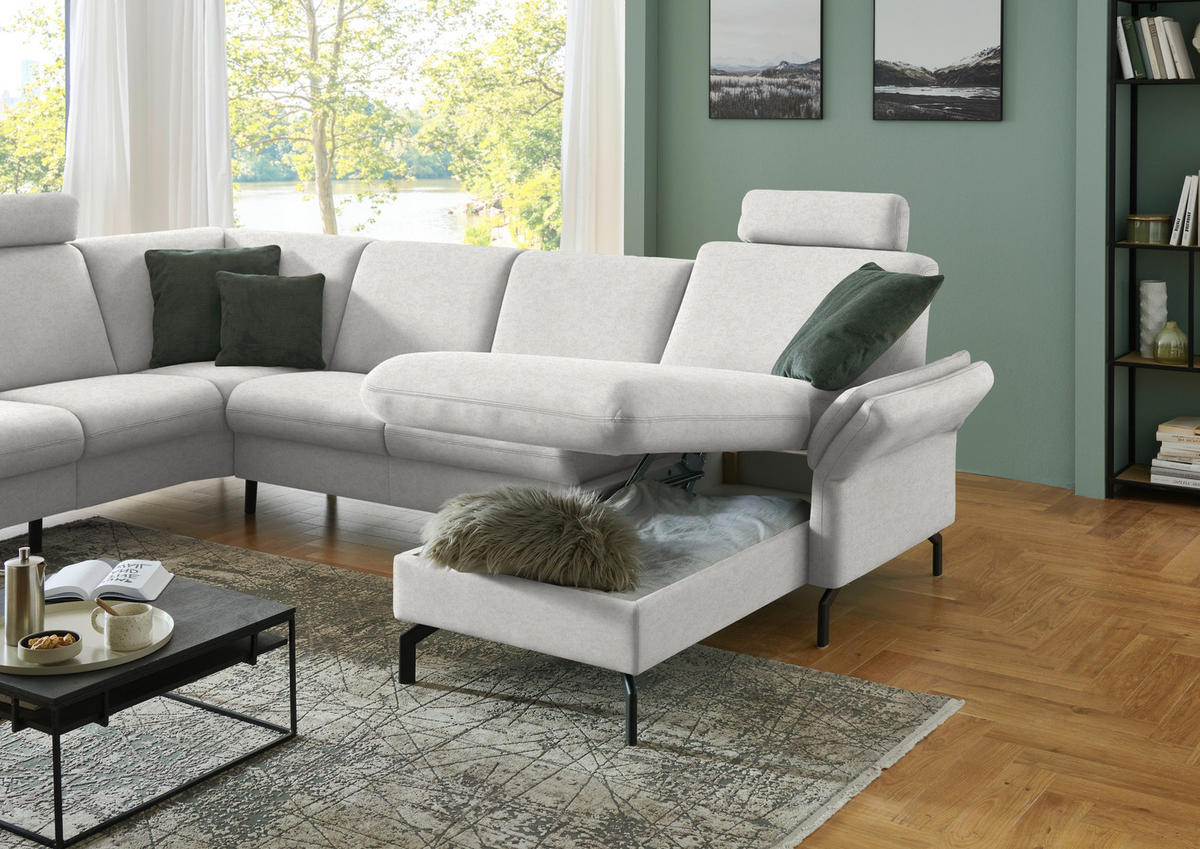 WOHNLANDSCHAFT Flachgewebe Alabasterfarben  - Alabasterfarben/Schwarz, Konventionell, Textil/Metall (190/307/170cm) - Beldomo Comfort
