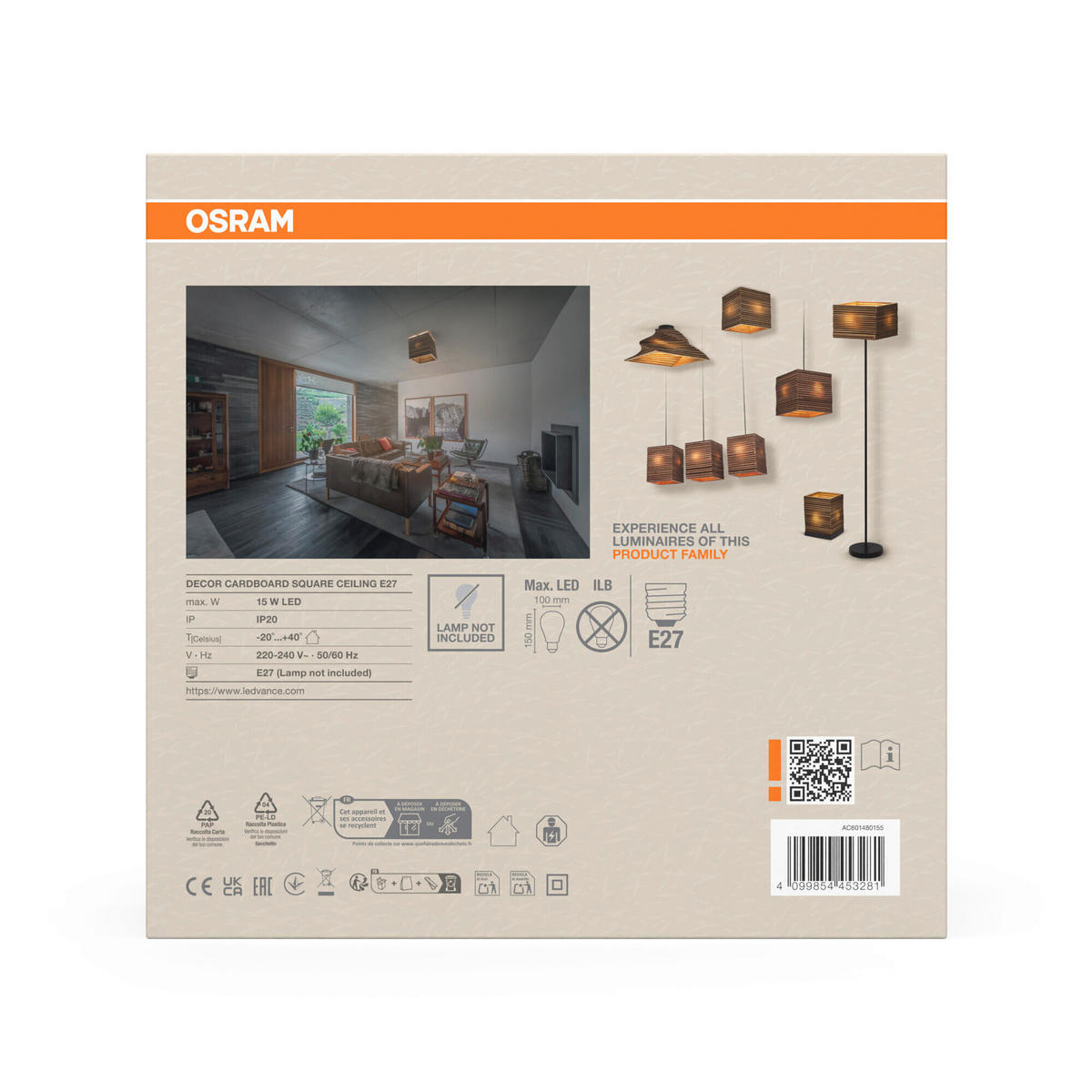 DECKENLEUCHTE    25/25/26 cm  - Natur, Karton/Metall (25/25/26cm) - Osram