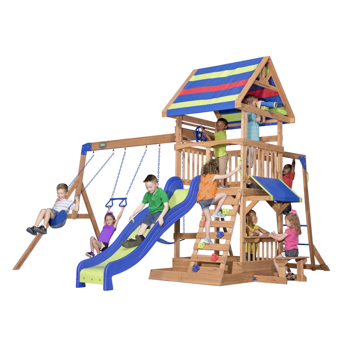 SPIELTURM B1808034 NORTHBROOK 429,3/299,7/136,9 cm Backyard Discovery  - Blau/Rot, Basics, Holz (429,3/299,7/136,9cm) - Ambia Garden