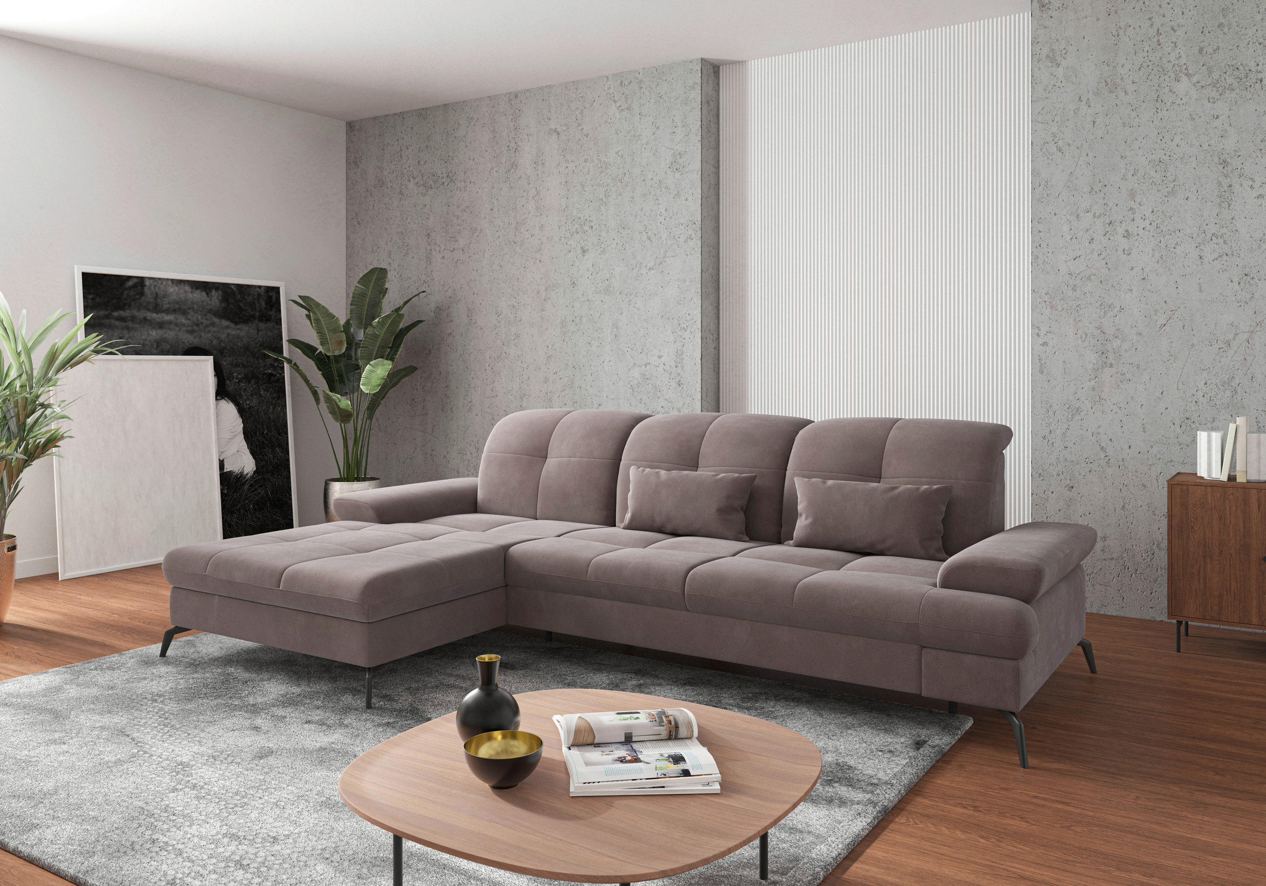 ECKSOFA Taupe Flachgewebe Armteilverstellung, Sitztiefenverstellung  - Taupe/Schwarz, KONVENTIONELL, Textil/Metall (185/279cm) - Sit & More