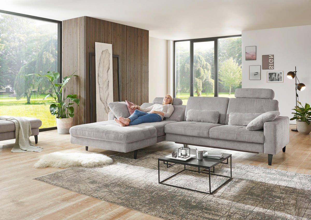 ECKSOFA Hellgrau Cord  - Hellgrau/Schwarz, MODERN, Textil/Metall (177/302cm) - Beldomo Style