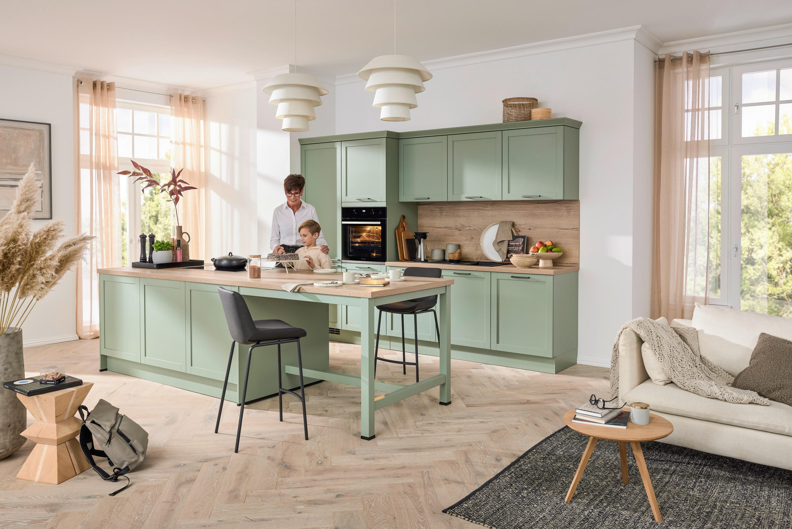 EINBAUKÜCHE   - Eukalyptusholzfarben/Grün, Design, Holzwerkstoff - Novel