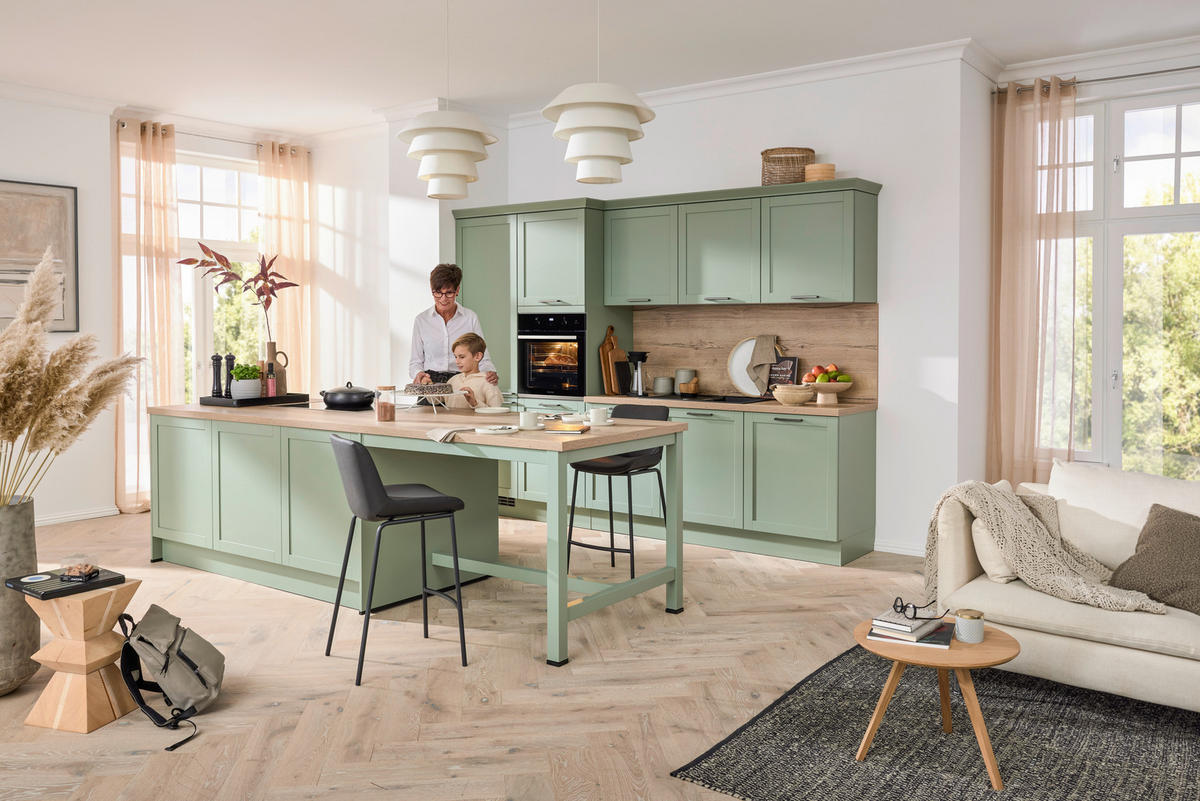 EINBAUKÜCHE   - Eukalyptusholzfarben/Grün, Design, Holzwerkstoff - Novel