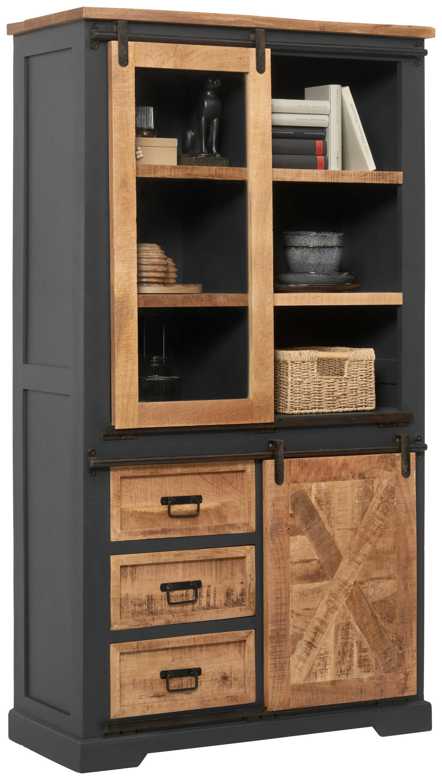 VITRINE  in massiv Mangoholz Grau, Naturfarben, Schwarz - Schwarz/Naturfarben, LIFESTYLE, Holz/Holzwerkstoff (100/180/45cm) - MID.YOU