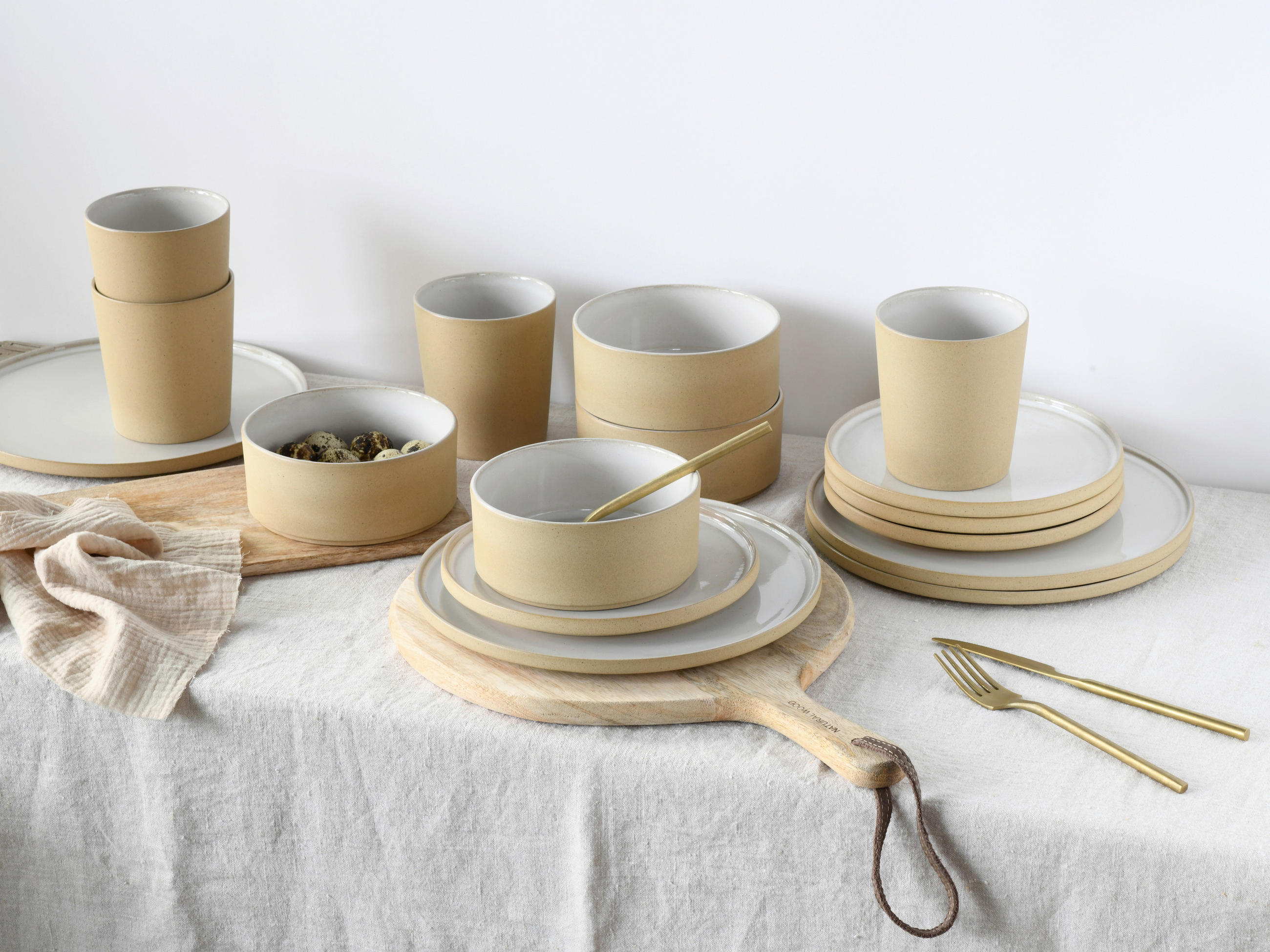 KOMBINOVANÝ SERVIS, 16-dielne, kamenina - piesková/biela, Trend, keramika - Creatable