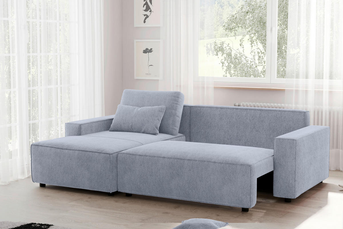 ECKSCHLAFSOFA  mit Rücken echt Chenille Hellblau  - Schwarz/Hellblau, MODERN, Kunststoff/Textil (154/247cm) - Livetastic