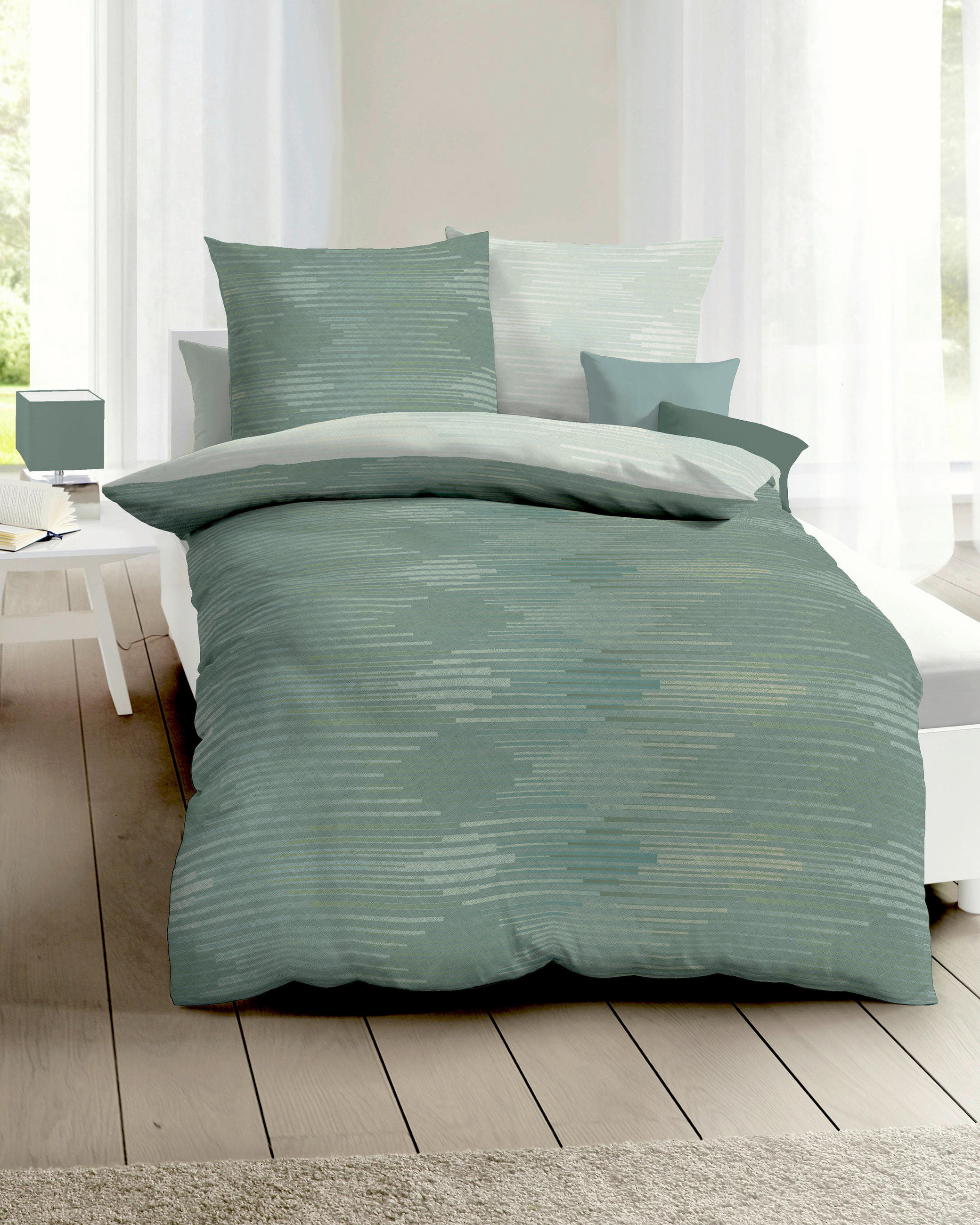 POSTELJNINA Ikat 140/200 cm bombažni flanel žadasto zelena  - žadasto zelena, Konvencionalno, tekstil (140/200cm) - Kaeppel