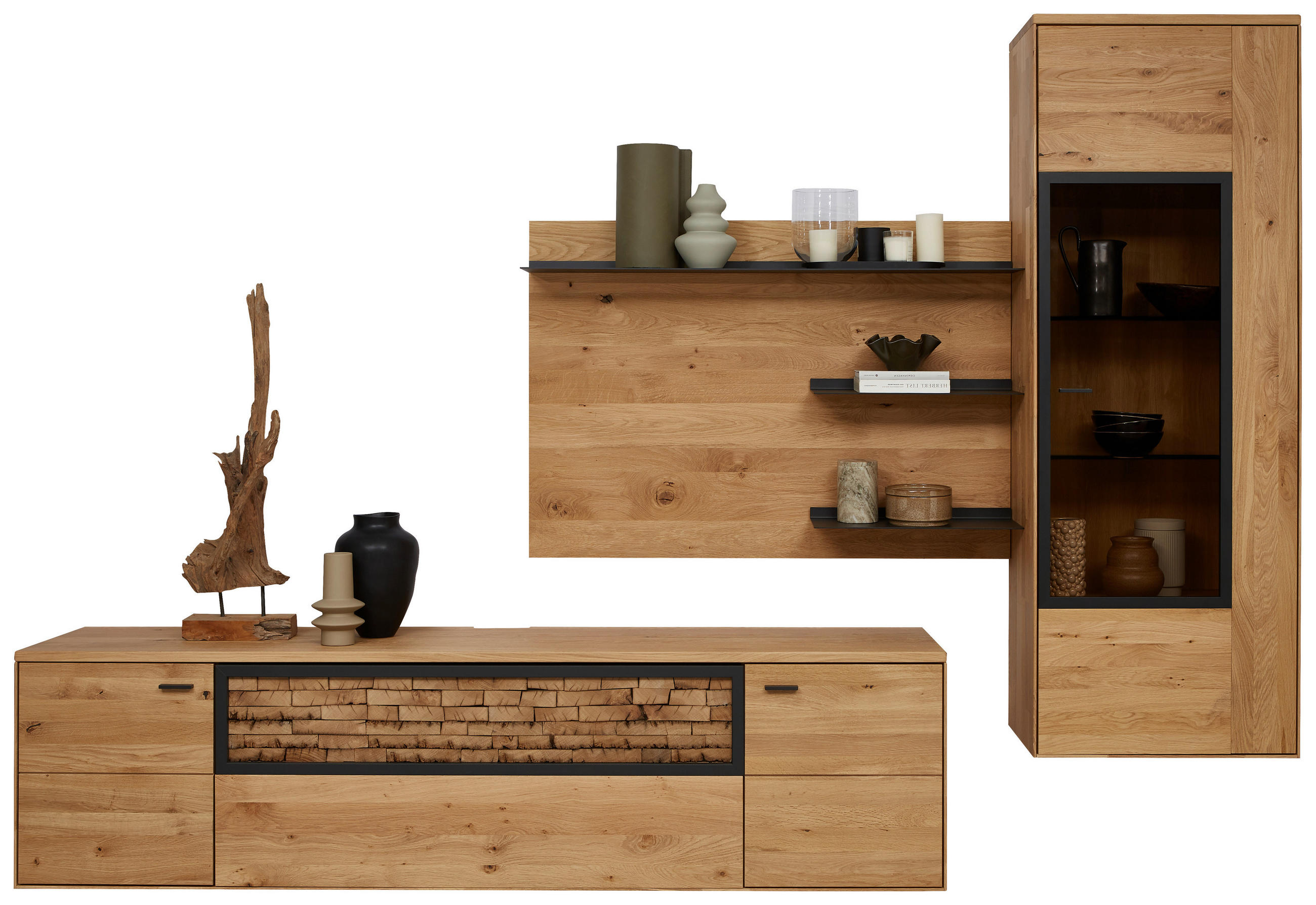 WOHNWAND  in Wildeiche  293,8/207,1/37,1 cm  - Wildeiche/Graphitfarben, Natur, Glas/Holz (293,8/207,1/37,1cm) - Valnatura