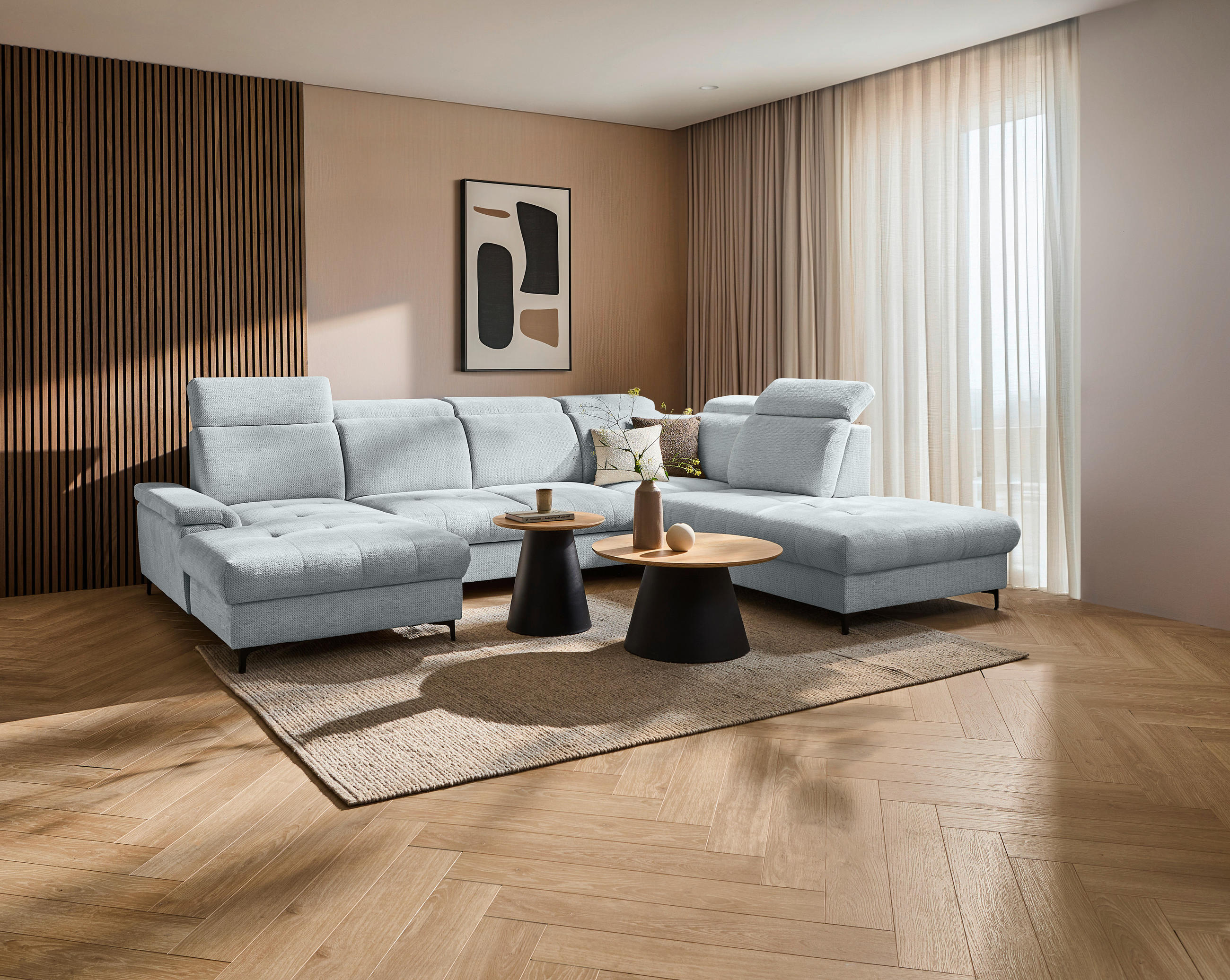 WOHNLANDSCHAFT Hellgrau Struktur  - Hellgrau/Schwarz, Design, Textil/Metall (190/364/270cm) - Stylife
