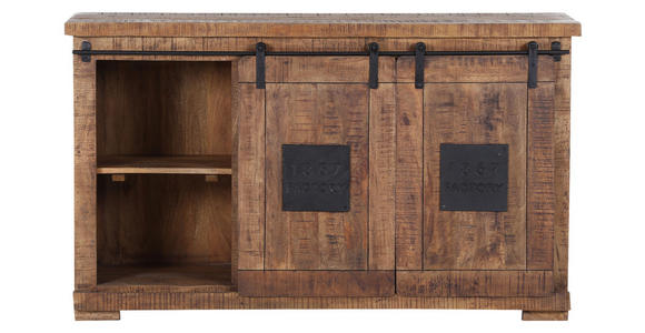 SIDEBOARD Mangoholz massiv Naturfarben, Schwarz Kabeldurchlass, Einlegeböden  - Schwarz/Naturfarben, KONVENTIONELL, Holz/Holzwerkstoff (145/85/45cm) - Landscape