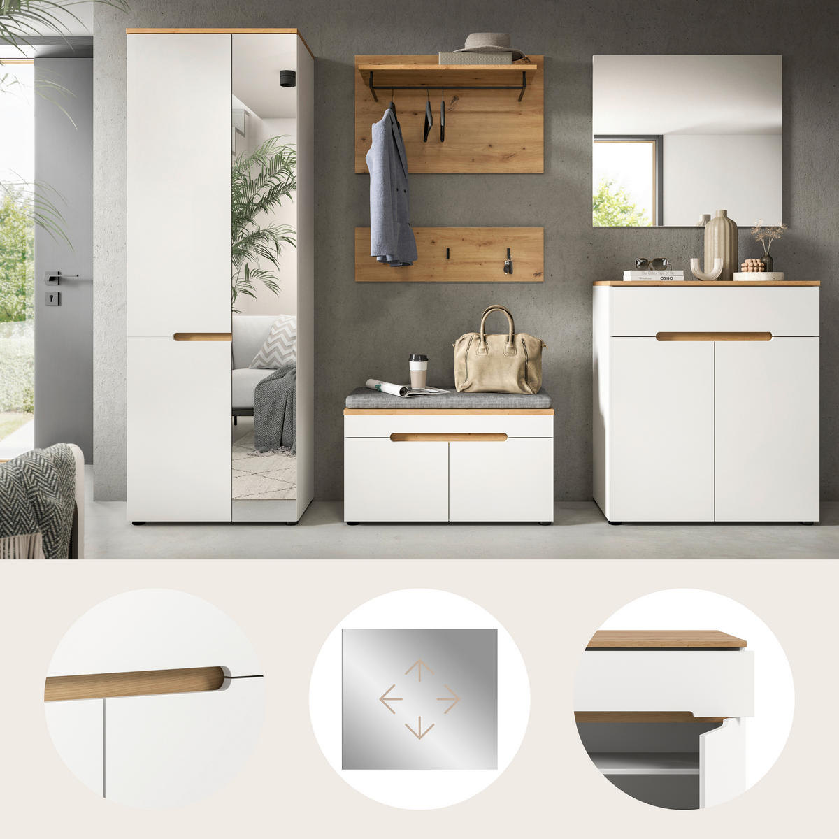 GARDEROBE 6-teilig  in 255/190/37 cm  - Weiß/Eiche Artisan, Design, Holzwerkstoff (255/190/37cm) - MID.YOU