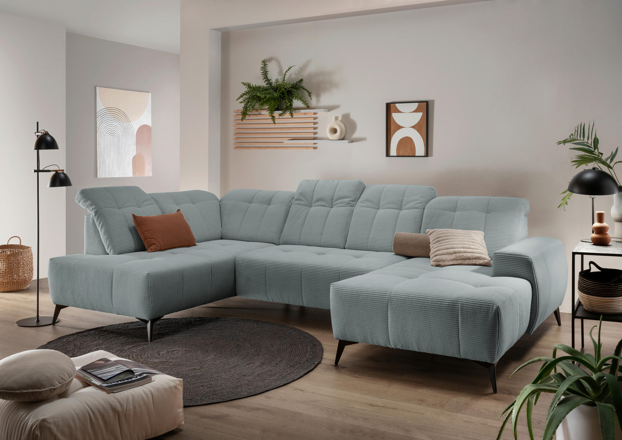 WOHNLANDSCHAFT Cord Hellblau  - Schwarz/Hellblau, Modern, Textil/Metall (200/337/180cm) - Livetastic