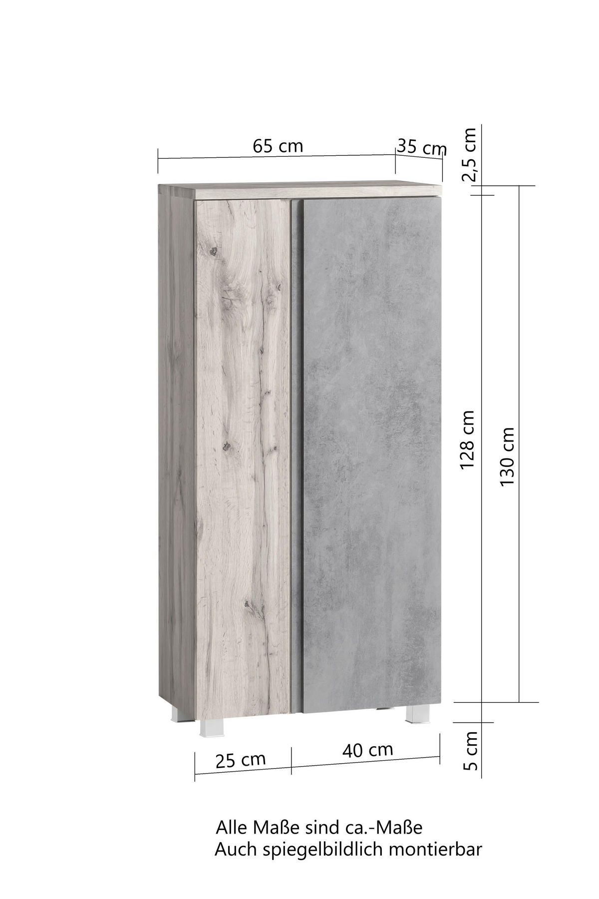 MIDISCHRANK 65/130/35 cm  - Eiche Wotan/Grau, Modern, Holzwerkstoff (65/130/35cm) - Held