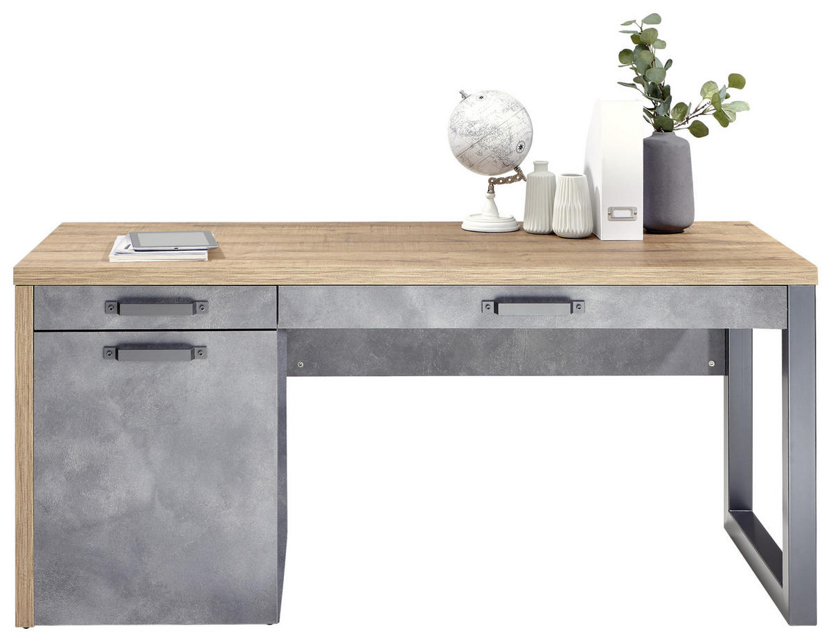 Birou in material pe bază de lemn  - culoare lemn stejar/gri, Trend, metal/material pe bază de lemn (170/69/76cm) - Stylife
