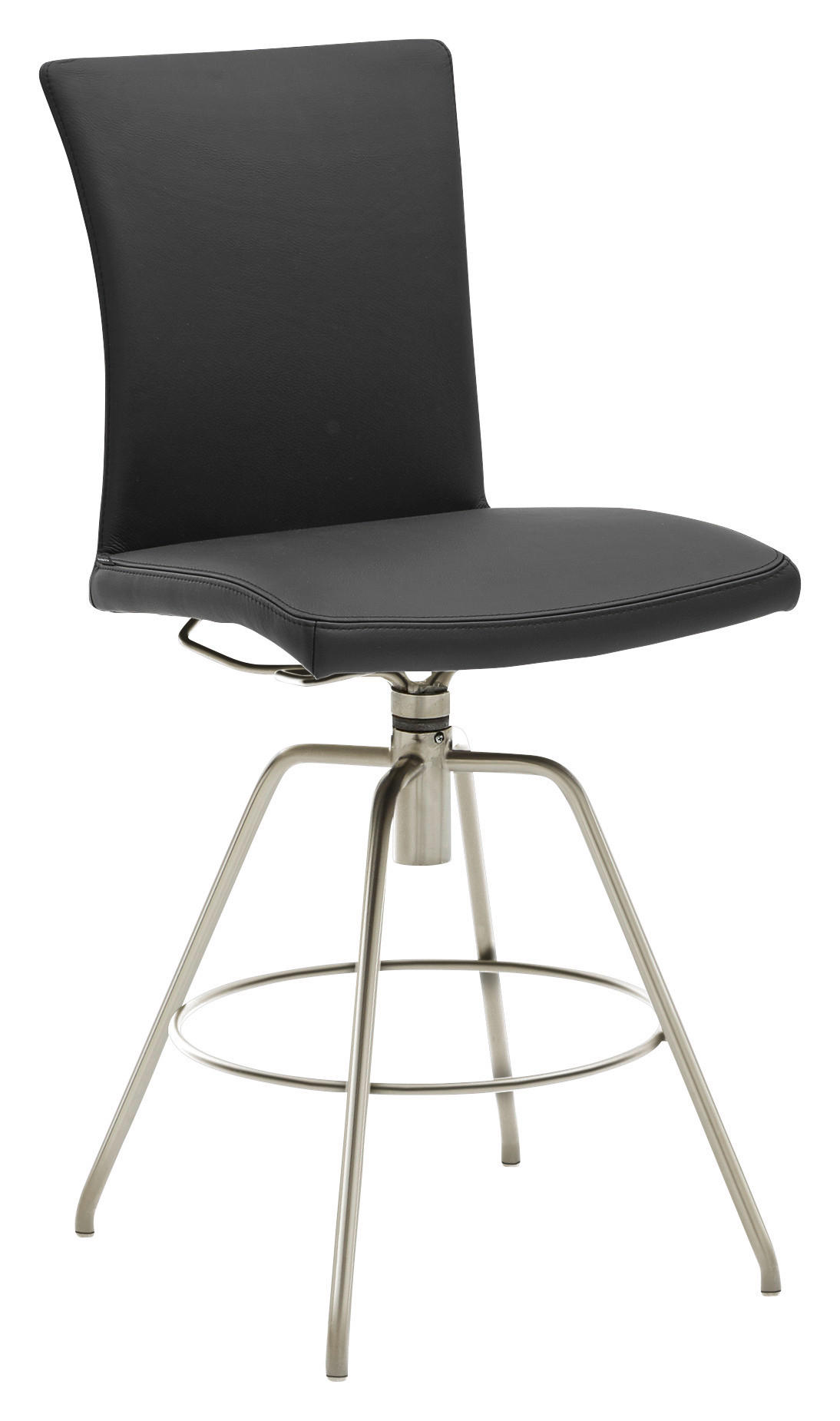 BARHOCKER Echtleder Schwarz, Edelstahlfarben Lederauswahl, Stoffauswahl, Typenauswahl, automatische Rückholfunktion  - Edelstahlfarben/Schwarz, Design, Leder/Metall (52/107/58cm) - Musterring