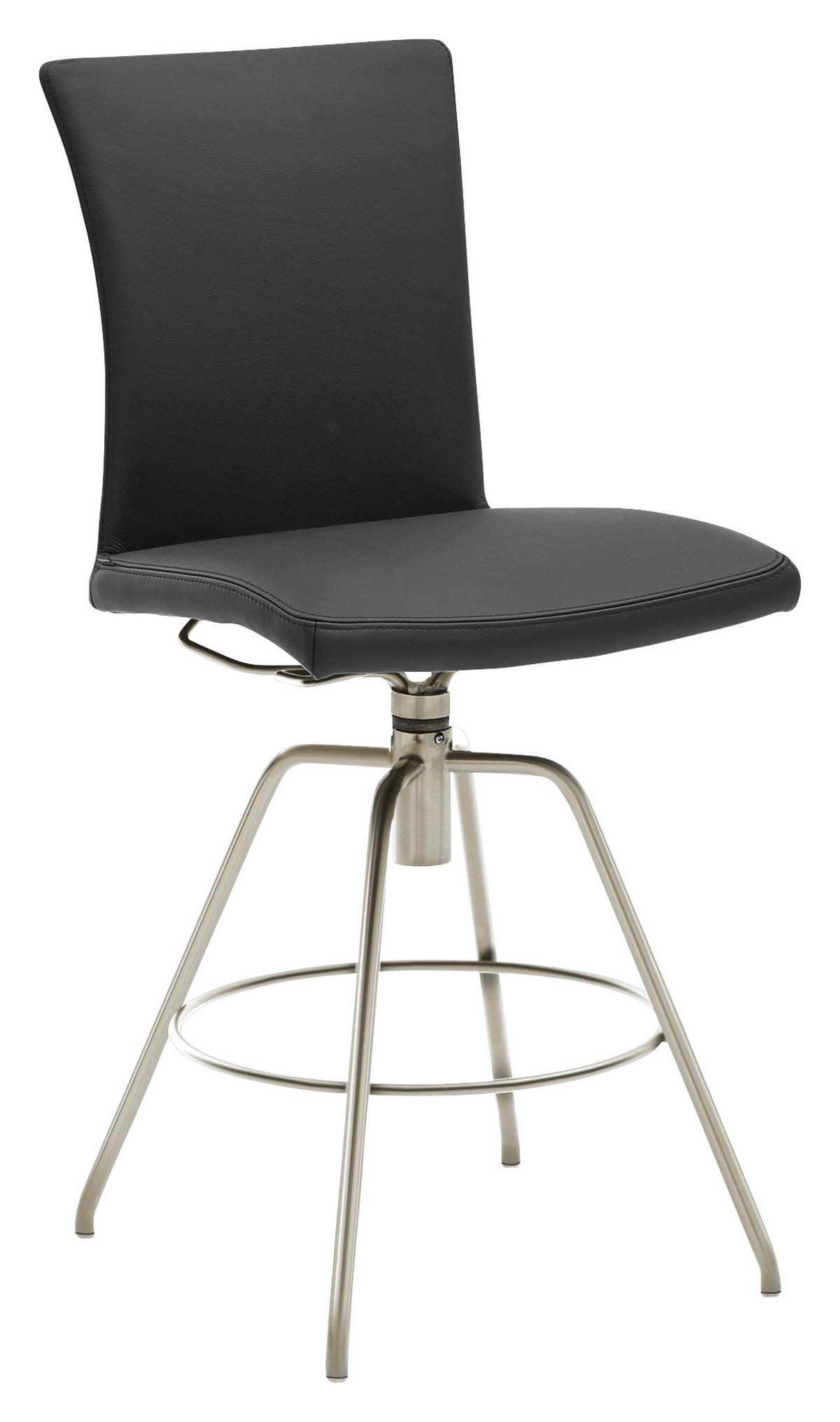 BARHOCKER Echtleder Schwarz, Edelstahlfarben Lederauswahl, Stoffauswahl, Typenauswahl, automatische Rückholfunktion  - Edelstahlfarben/Schwarz, Design, Leder/Metall (52/107/58cm) - Musterring