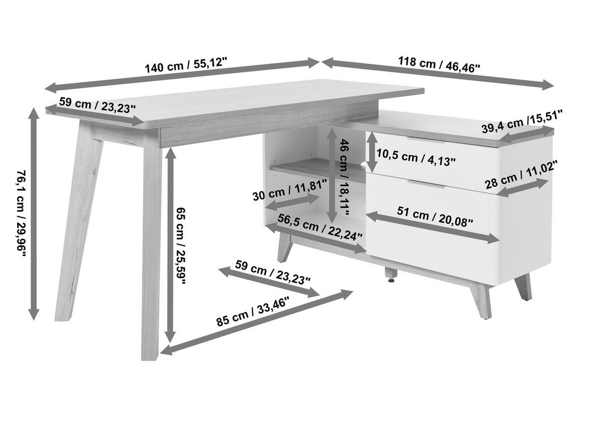 ECKSCHREIBTISCH 140/118/76 cm  in Eichefarben  - Eichefarben/Alufarben, MODERN, Holzwerkstoff/Metall (140/118/76cm) - Livetastic