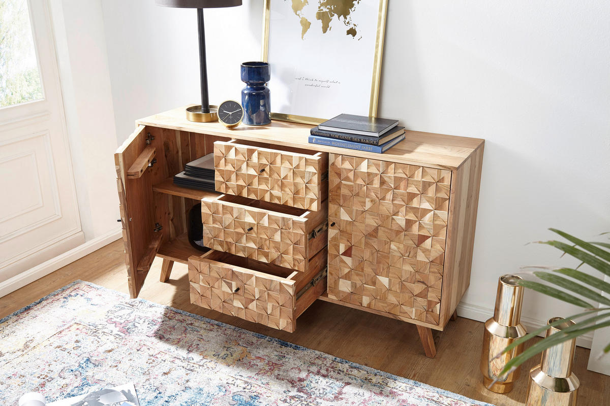 SIDEBOARD  - Schwarz/Akaziefarben, Design, Holz/Metall (140/40/79cm) - MID.YOU