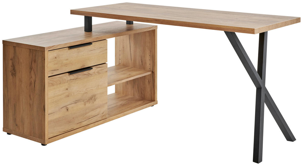 ECKSCHREIBTISCH 150/110/74 cm  in Schwarz, Eichefarben  - Eichefarben/Schwarz, MODERN, Holzwerkstoff/Metall (150/110/74cm) - MID.YOU